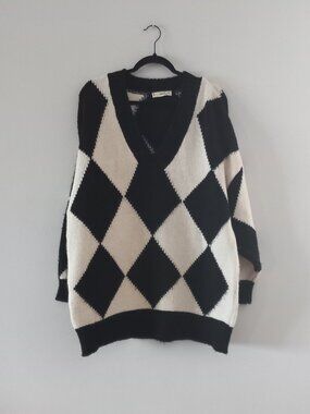 MANGO diamond rhombus checkered oversized v neck knit sweater